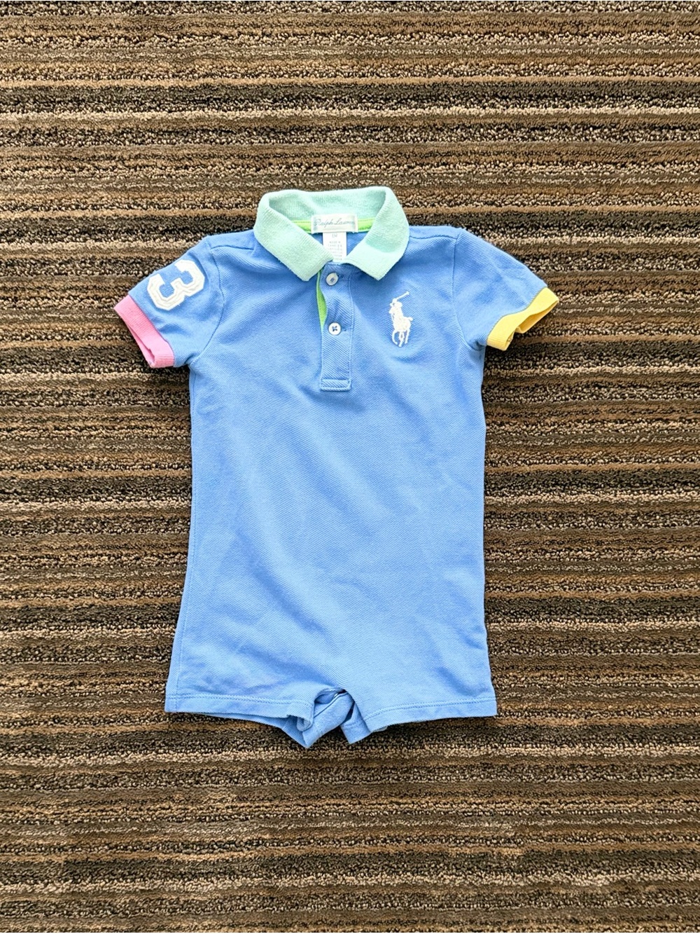 Ralph Lauren Baby NeutralLight Blue Polo Romper with Mint, Pink & Yellow Accents